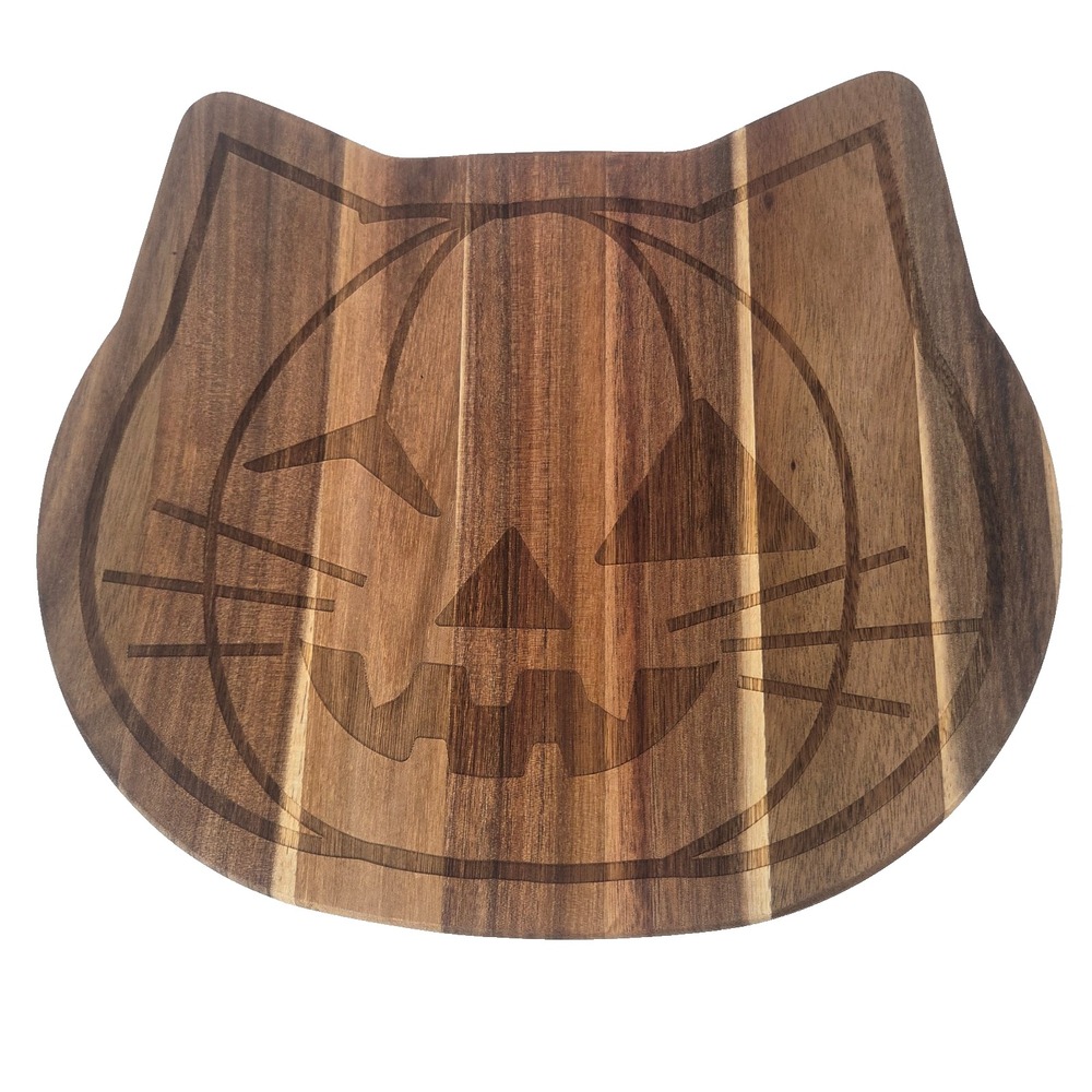 Halloween Wood Serving Board Jack O Lantern Cat Shape Spooky Hollow 11 Inch